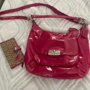 Hot Pink Patent Coach shoulder bag with crossbody strap and matching wallet
